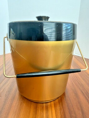 Vintage West Bend Thermo-Serv Black Gold Ice Bucket MCM Retro Hollywood